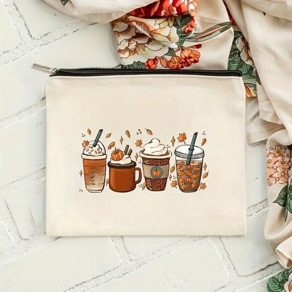 NWT Fall Pumpkin Latte Iced Coffee Cosmetic Bag Zipper Pouch - Picture 1 of 3